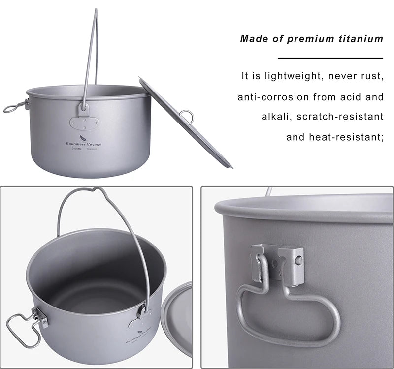 Boundless Voyage Outdoor Camping Titanium Cooking Pots Hanging Pot with Handle Picnic Hiking Kettle Cookware 1.3L 1.95L 2.9L