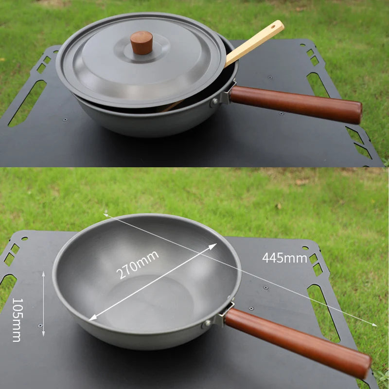 Aluminum Camping Wood Handle Wok Cookware, Outdoor Tableware, Picnic BBQ Cooking, Tourism, Kitchen Equipment, 3-4 Persons