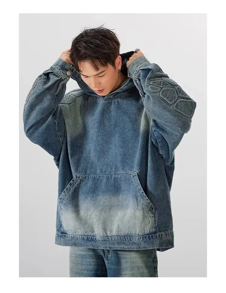 Denim Hooded Jacket Men Women Convex Turtle Shell Pattern Loose Casual Vintage Sweatshirt Coat Street Washed Denim Pullovers New