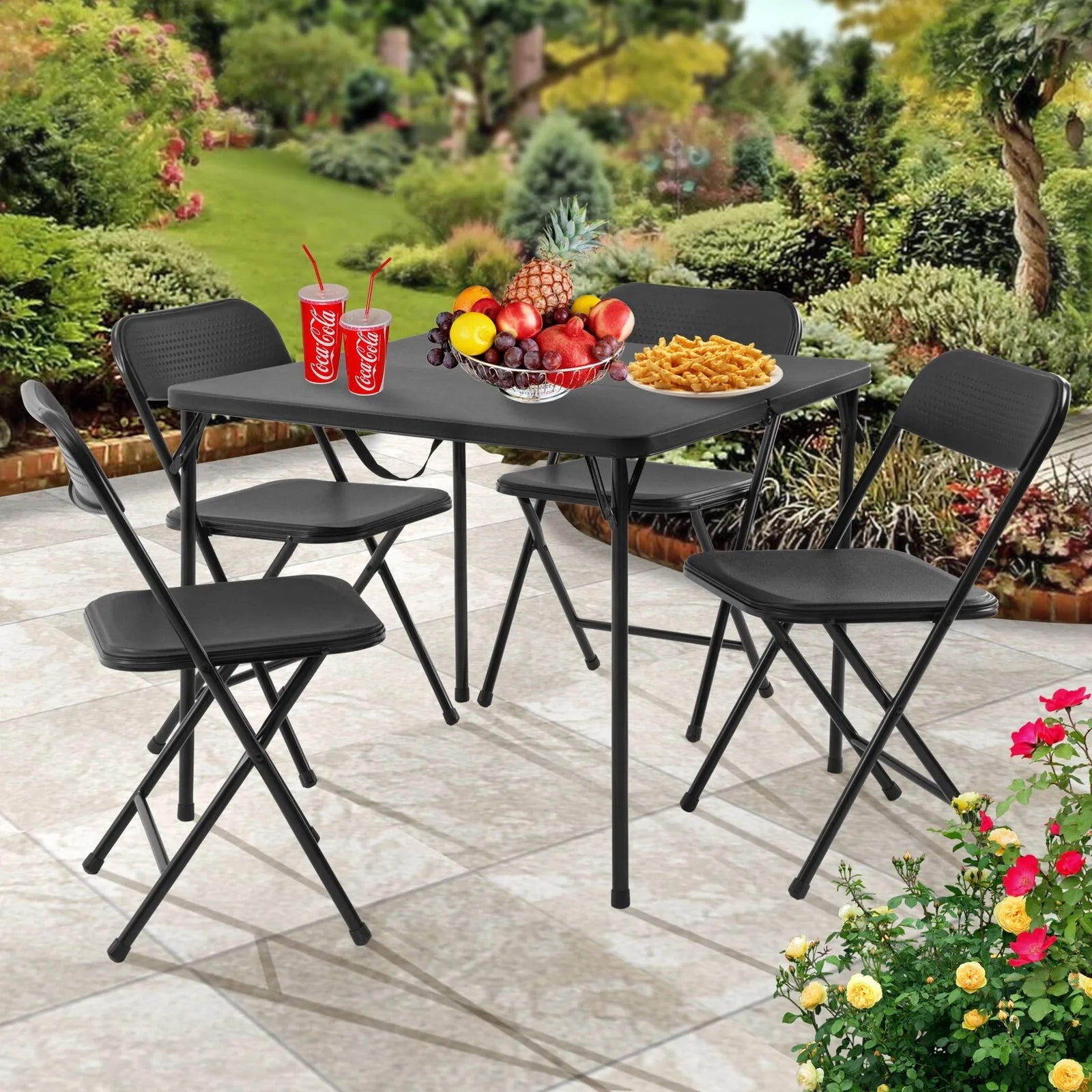 US  5 Piece Resin Card Folding Table and Four Folding Chairs Set, Black