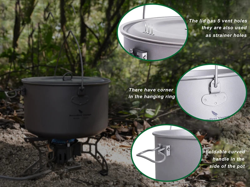 Boundless Voyage Outdoor Camping Titanium Cooking Pots Hanging Pot with Handle Picnic Hiking Kettle Cookware 1.3L 1.95L 2.9L