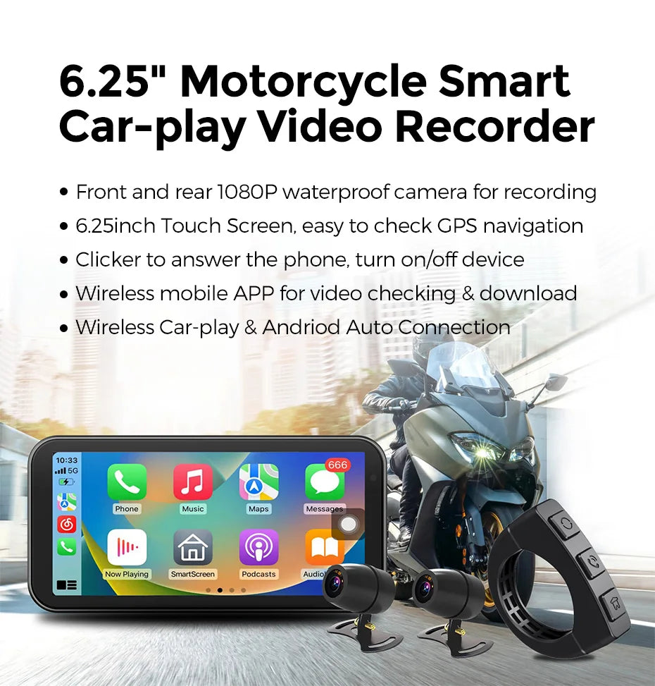 Portable 6.25 inch IP67 Waterproof Motorcycle GPS Navigation Wireless Carplay Android Auto DVR Drive Recorder Moto Monitor WIFI