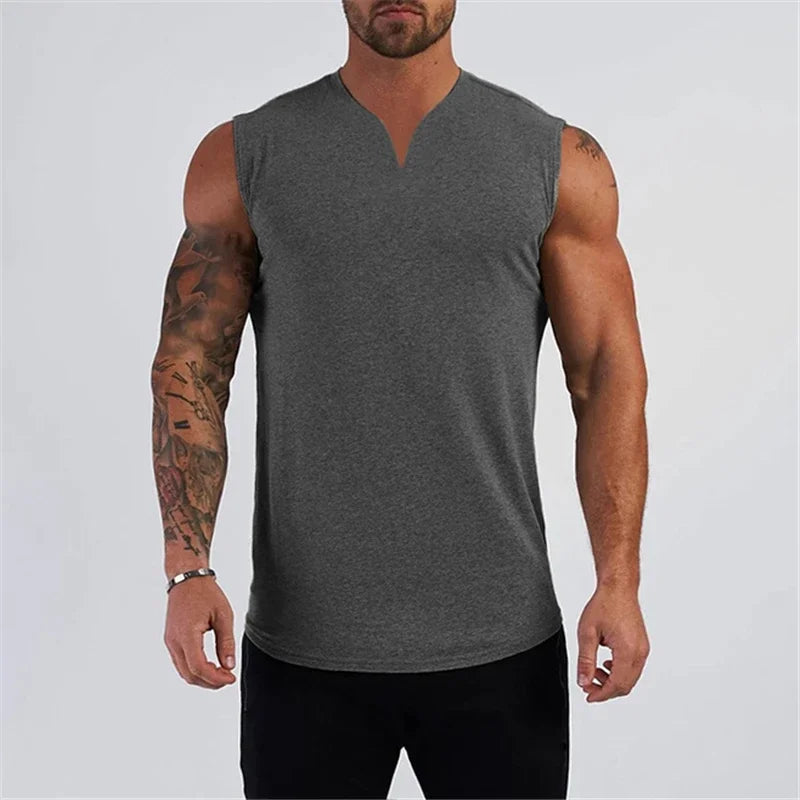 Gym Clothing V Neck Cotton Bodybuilding Tank Top Mens Workout Sleeveless Shirt Fitness Sportswear Running Vests Muscle Singlets