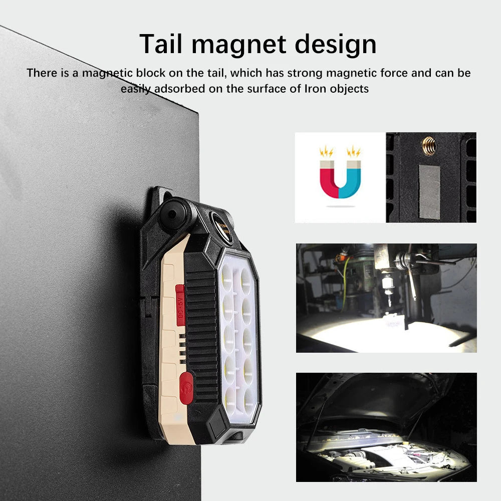 Multifunction USB Rechargeable COB Work Light Portable LED Flashlight 5Modes Adjustable Waterproof Camping Lantern Magnet Design