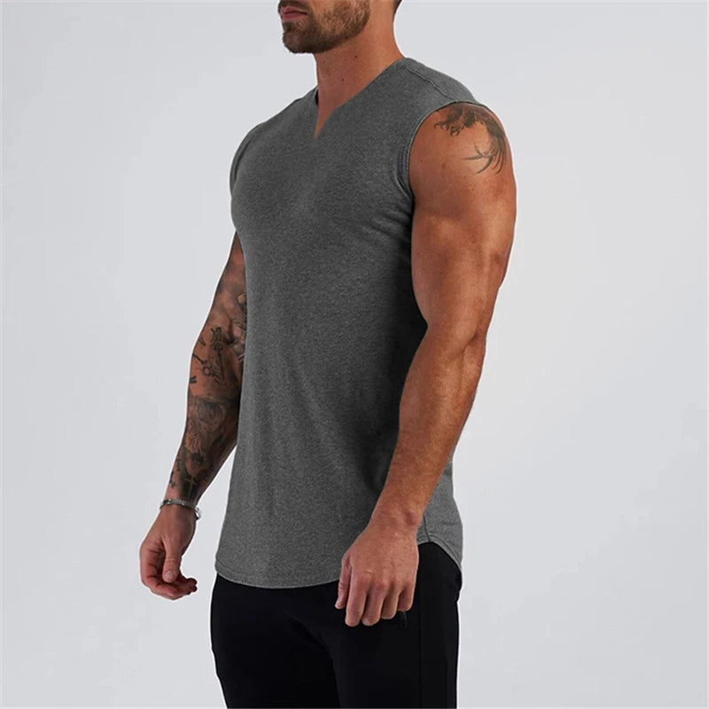 Gym Clothing V Neck Cotton Bodybuilding Tank Top Mens Workout Sleeveless Shirt Fitness Sportswear Running Vests Muscle Singlets