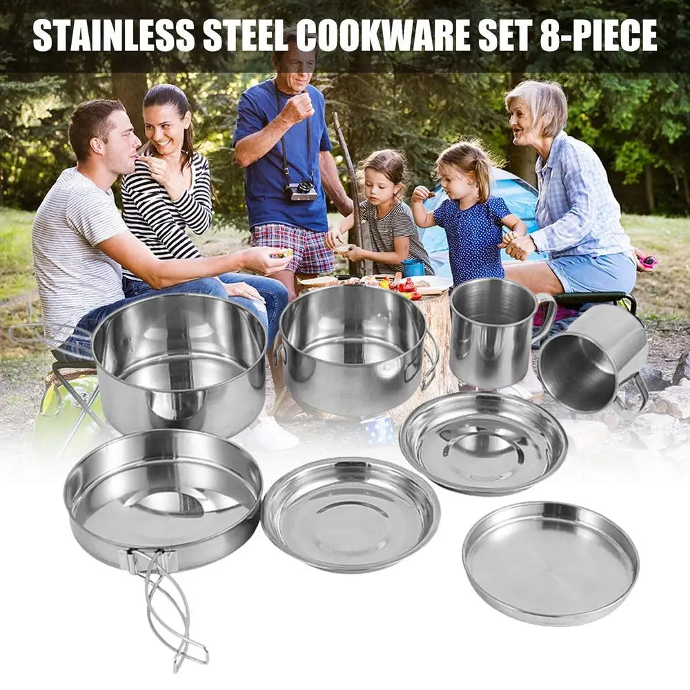 8PCS/SET Camping Cookware Kit Portable Lightweight Stainless Steel Cooking Pot Pan Set W/ Plates Cups for Outdoor Picnic Hiking