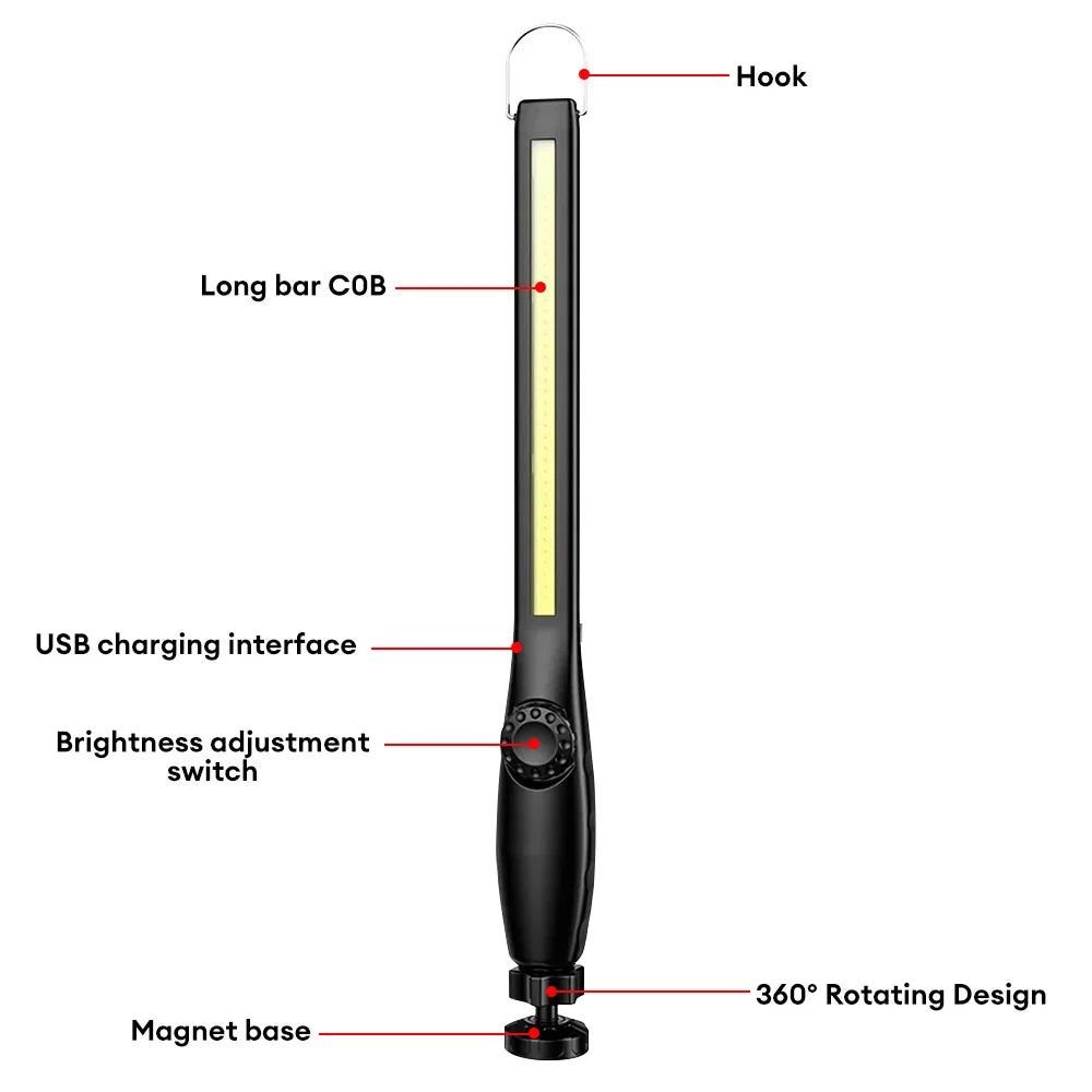 New COB LED Flashlight Magnetic Work Light USB Rechargeable Torch Hook Portable Lantern Inspection Light Camping Car Repair Lamp