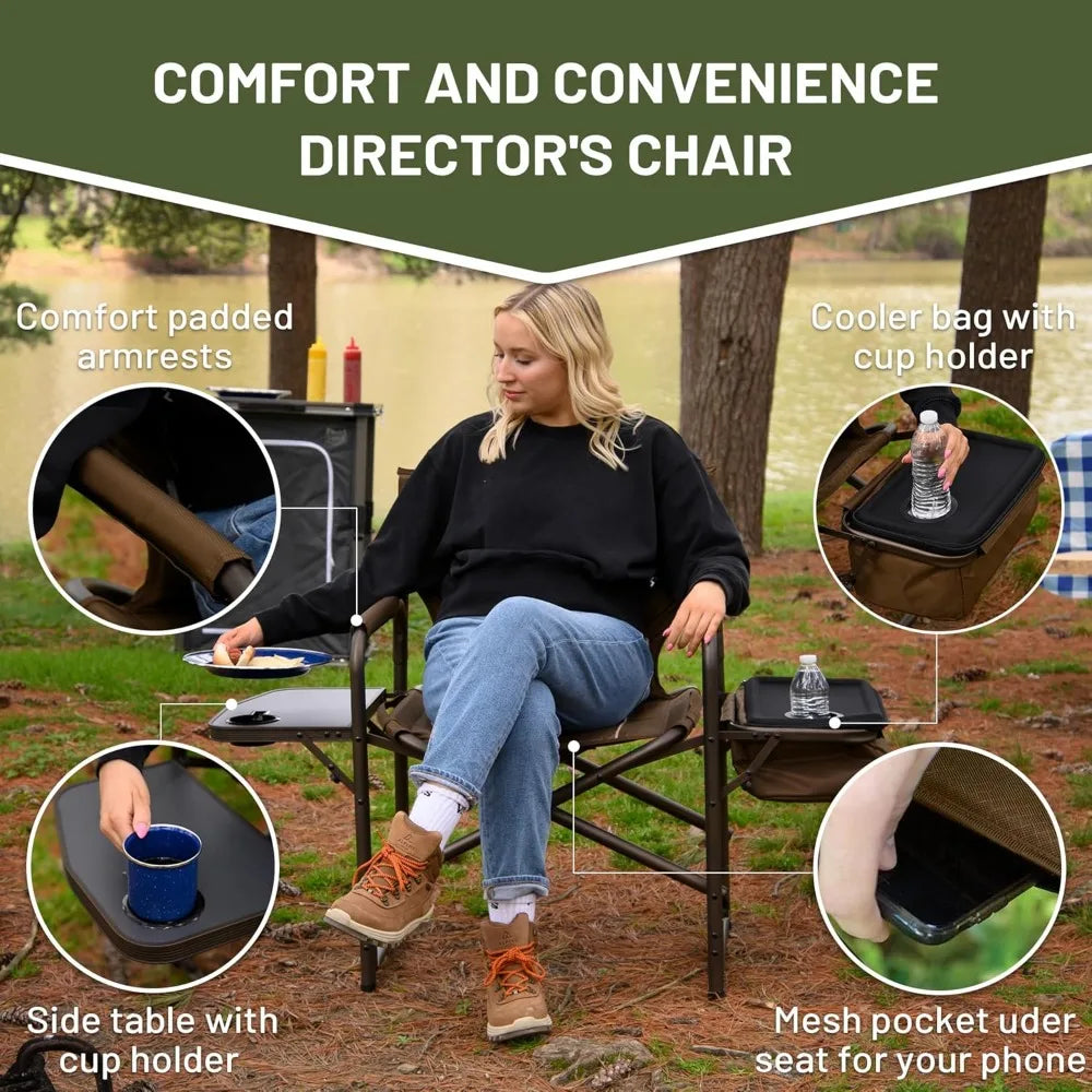 Folding Director Side Table for Adults Portable Camp Chairs for Outdoor, Lawn, Sports, Fishing, Heavy Duty Supports 300lbs