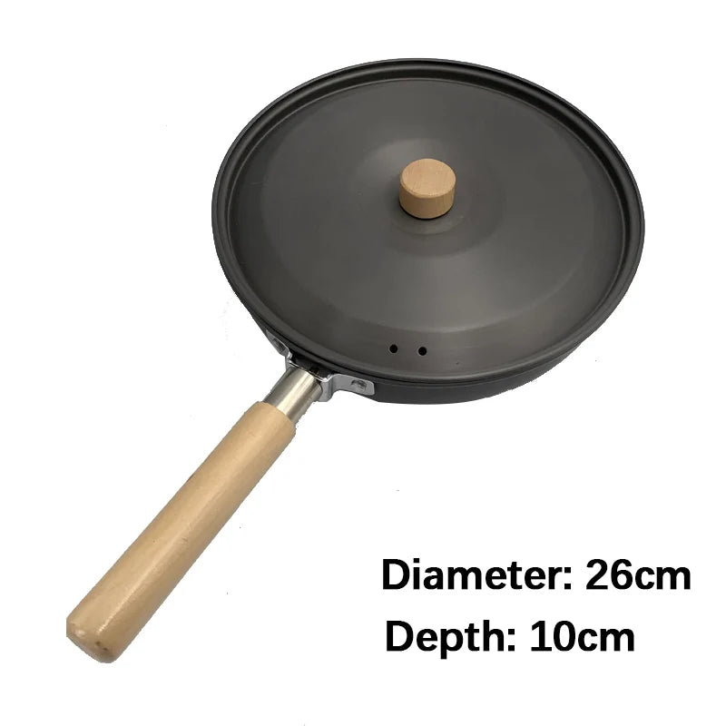 Aluminum Camping Wood Handle Wok Cookware, Outdoor Tableware, Picnic BBQ Cooking, Tourism, Kitchen Equipment, 3-4 Persons