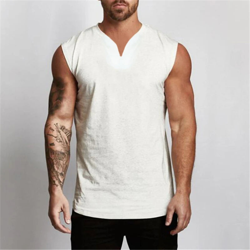 Gym Clothing V Neck Cotton Bodybuilding Tank Top Mens Workout Sleeveless Shirt Fitness Sportswear Running Vests Muscle Singlets