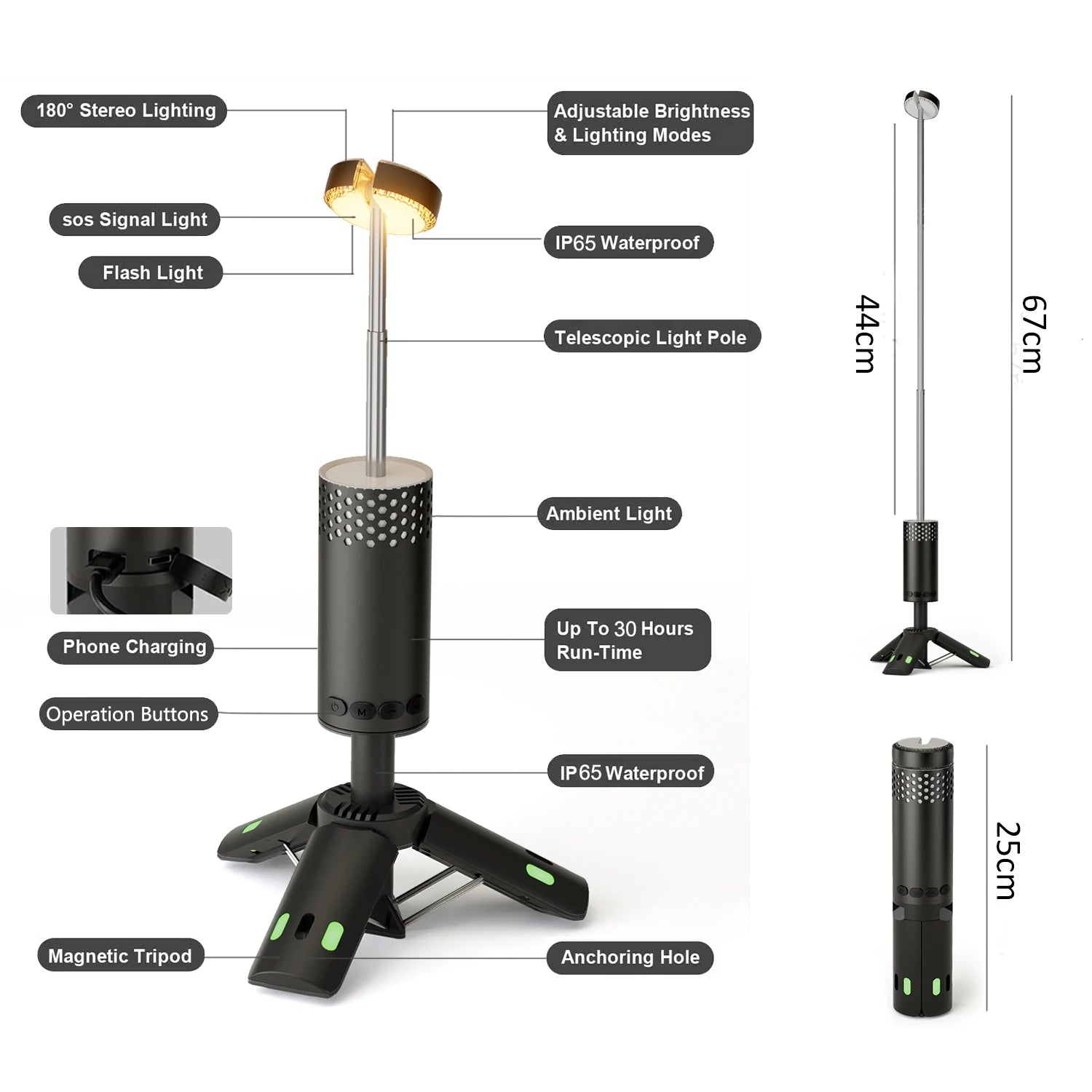 Outdoor Camping Lamp USB Type C Camp Light Telescopic for Adventure, Hiking, Camping, Live Streaming Telescoping LED Lantern