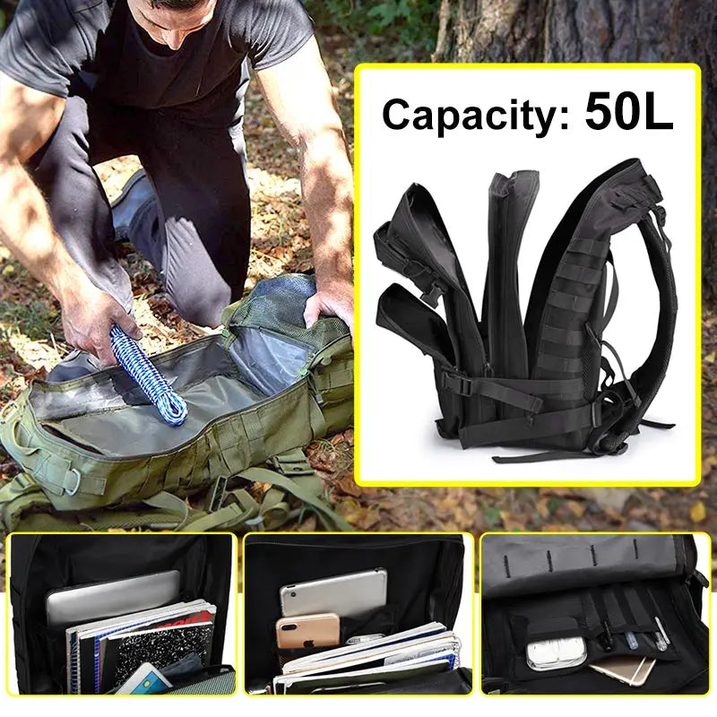 50L Tactical Backpack Men's Travel Large Capacity Rucksacks Men Waterproof Outdoor Sports Multi-functional Bags