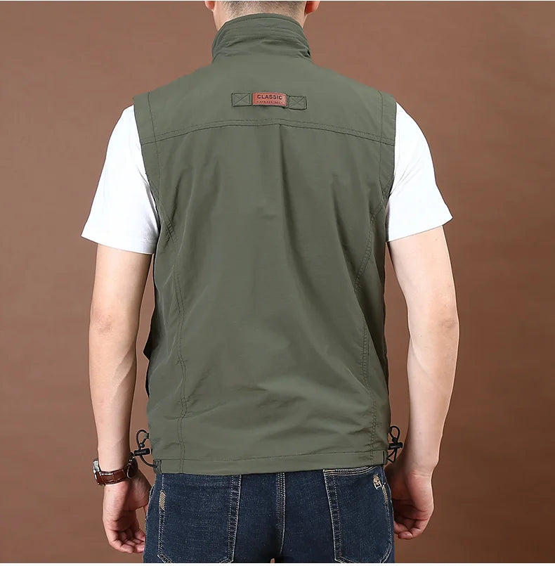 Men's Thin Tooling Loose Quick Drying Vest Men's Outdoor Sports Coat Multi Pocket Stand Collar Vest Spring Camping Fishing Vest