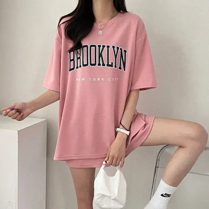 Korean Style Summer Female Sporty Outfit Running Gym Suit Women Clothing Two Piece Sets Short Sleeve T shirt Top Shorts Casual