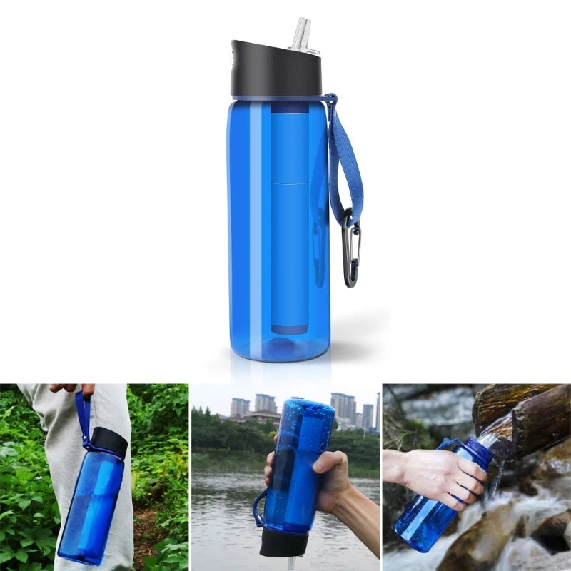 650ml Camping Survival Emergency Water Filter Filtration Bottle, Sports Water Purifier Bottle Water Kettles with Filter