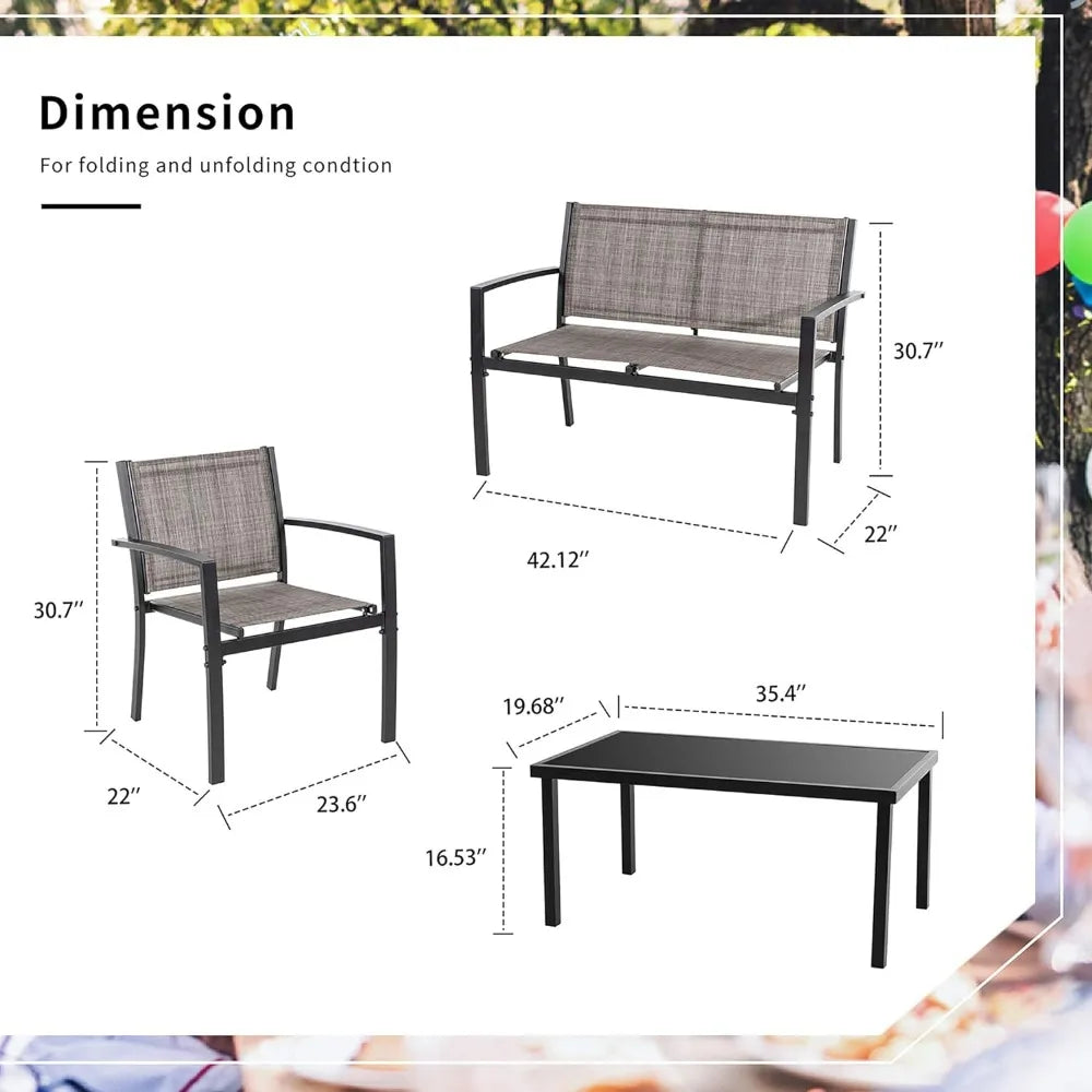 Loveseat Portable Folding Chair Lawn 2 Single Chairs for Home Garden With Glass Coffee Table Porch（Black） Outdoor Furniture