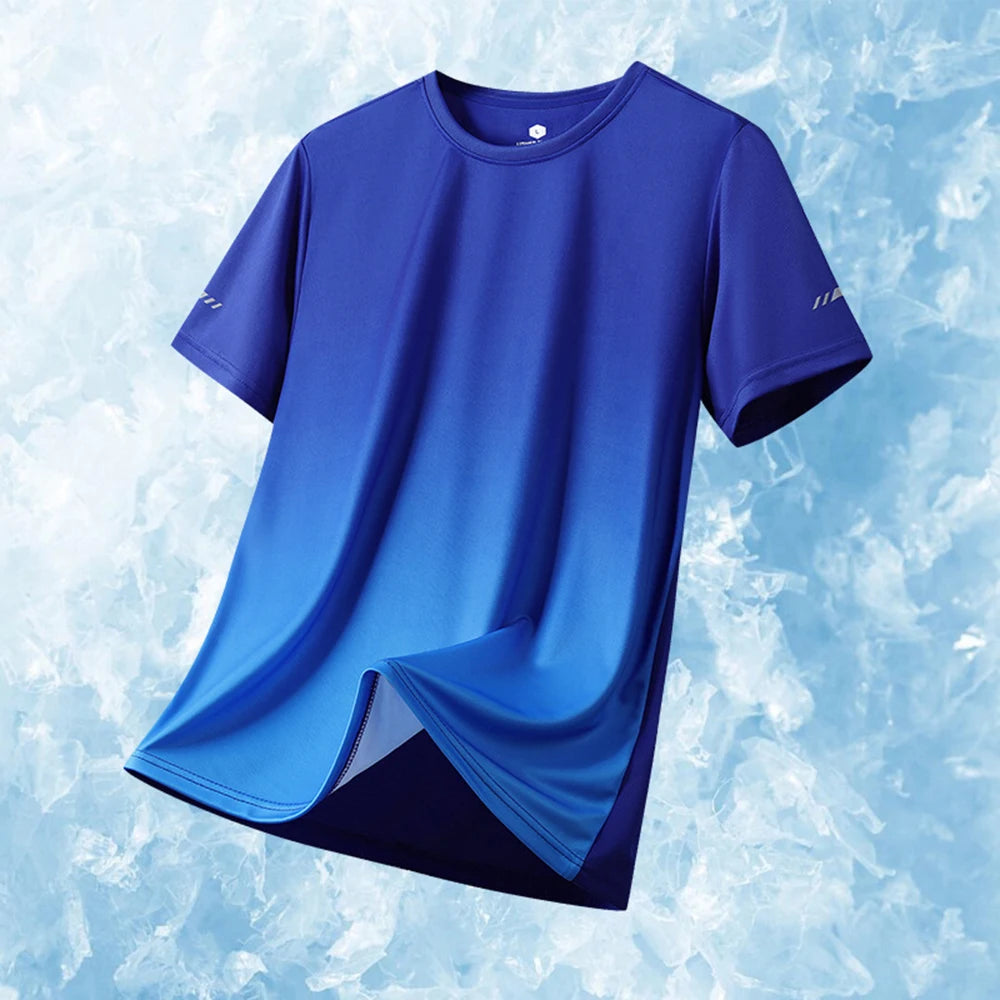 Men's Sports T-Shirts Gradient Quick Drying Elastic Breathable Short Sleeve Summer Casual Loose Clothing Tops Running Sportswear