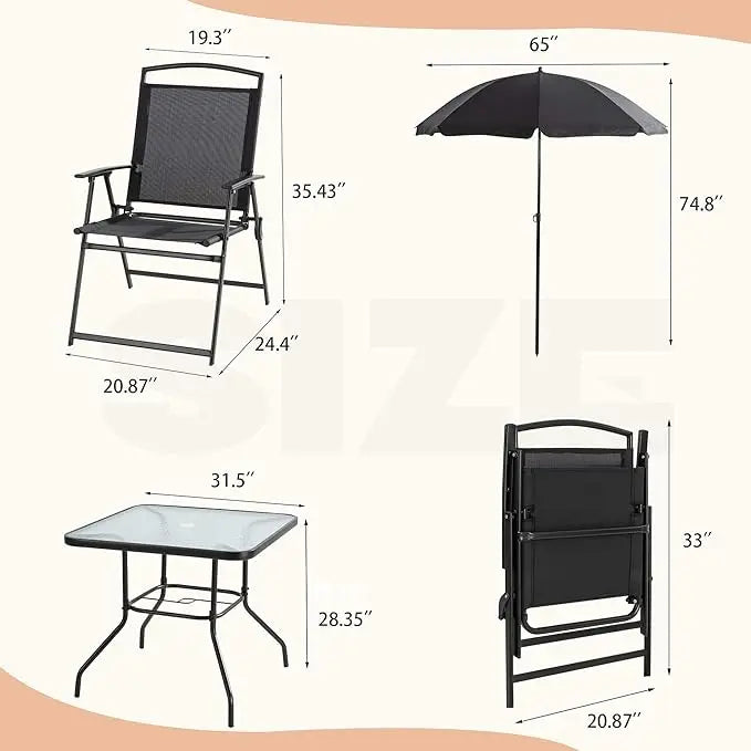 5/6pcs Folding Patio Dining Set,Small Metal Outdoor Garden Patio Table and Chair Set w/Umbrella for Lawn,Deck,Backyard