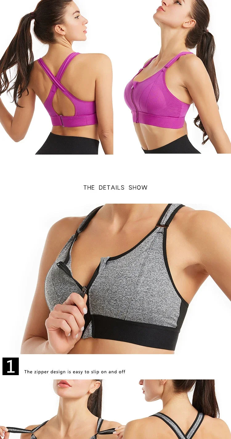 Large Size High-strength Sports Bra Women's Shockproof Running Big Chest Small Front Zipper Fitness Yoga Clothing Vest Underwear