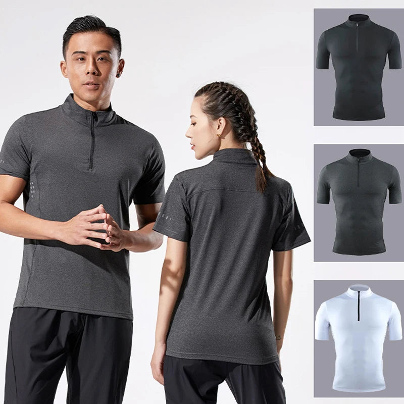 Men Running T-shirt Short Sleeve Night Running Reflective Quick Dry Sweatshirt Male Gym Jogging Top Half Zipper Clothing