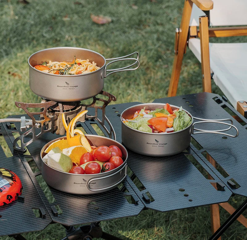 Boundless Voyage Outdoor Ultralight Titanium Pot Pan Set 3pcs Camping Plate Dish Cookware Picnic Tableware Set Ti2032C