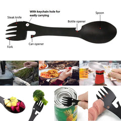 5 In 1 Camping Tableware Multi Tool Portable Stainless Steel Spoon Fork Bottle Can Opener Sawtooth Knife Outdoor Eating Utensil