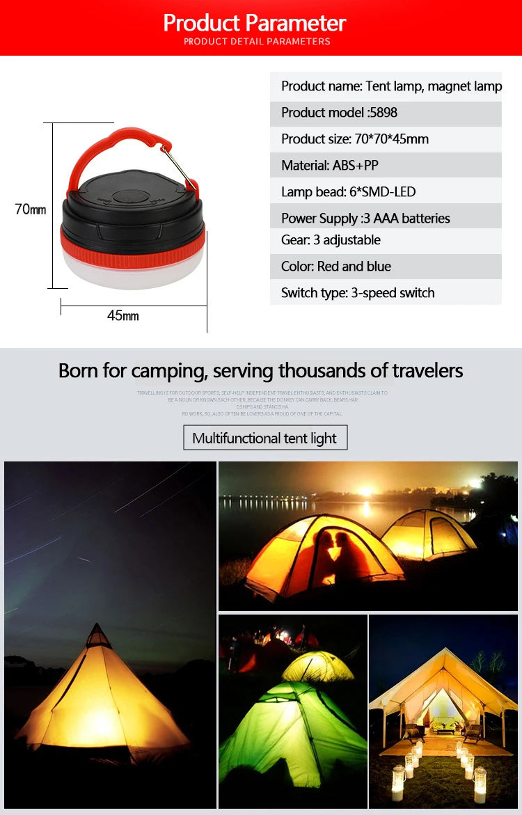 Portable Camping Light 3 Lighting Modes Emergency Light with Magnet Base for Outdoor Work Tent Camping Supplies Without Battery