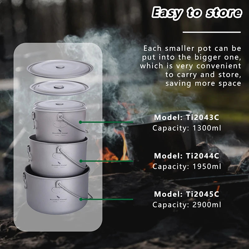 Boundless Voyage Outdoor Camping Titanium Cooking Pots Hanging Pot with Handle Picnic Hiking Kettle Cookware 1.3L 1.95L 2.9L