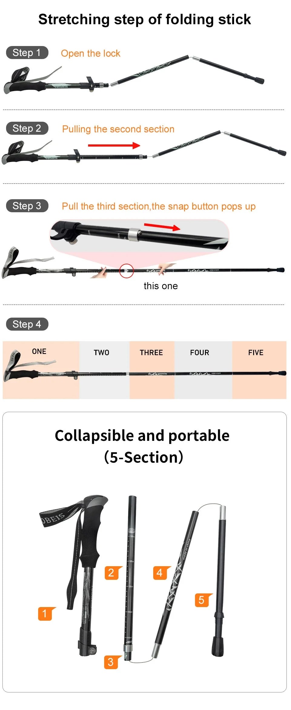 5-Section Portable Outdoor Fold Trekking Pole Walking Hiking Stick Telescopic Club For Nordic Elderly Camping Walking Poles