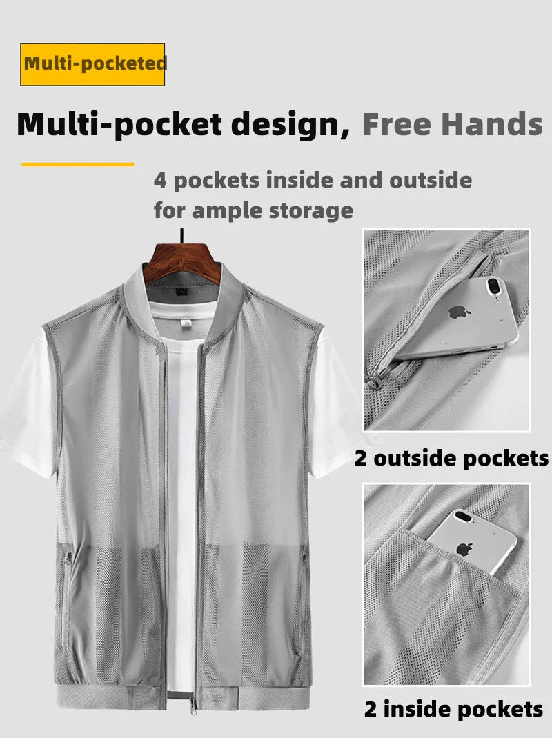 Summer Mens Mesh Fishing Vests Multi-pocket Outdoor Work Big Size Zipper Jacket Men Quick-drying Stripe Skin Clothes Hiking Vest