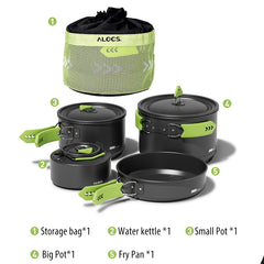 Alocs CW-C65 Camping Cookware Pots Fry Pan Water Kettle Set Compact Mess Kit Gear For Backpacking Travel Picnic Aluminum Alloy