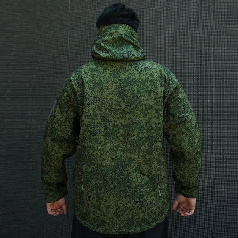 Men's Russian Camouflage Fleece Waterproof Soft Shell Windproof Winter Hooded Jacket Hunting Suit Windbreaker Cardigan