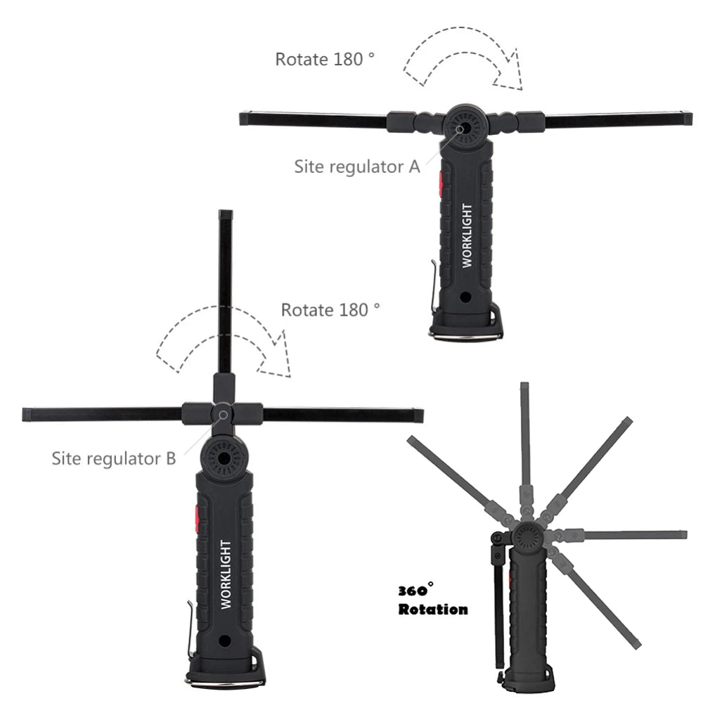 Rechargeable Camping LED Flashlight Work Light with Magnet and Hook IP64 Waterproof 5 Lighting Modes Suitable for Night Work