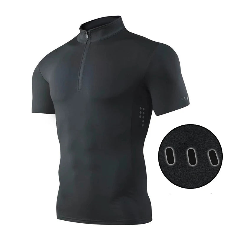 Men Running T-shirt Short Sleeve Night Running Reflective Quick Dry Sweatshirt Male Gym Jogging Top Half Zipper Clothing