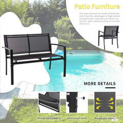 Loveseat Portable Folding Chair Lawn 2 Single Chairs for Home Garden With Glass Coffee Table Porch（Black） Outdoor Furniture