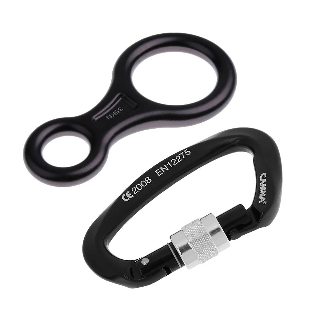 2 in 1 25KN Rock Climbing Screw Lock Carabiner + 35KN Figure 8 Rappelling Rope Descender Black