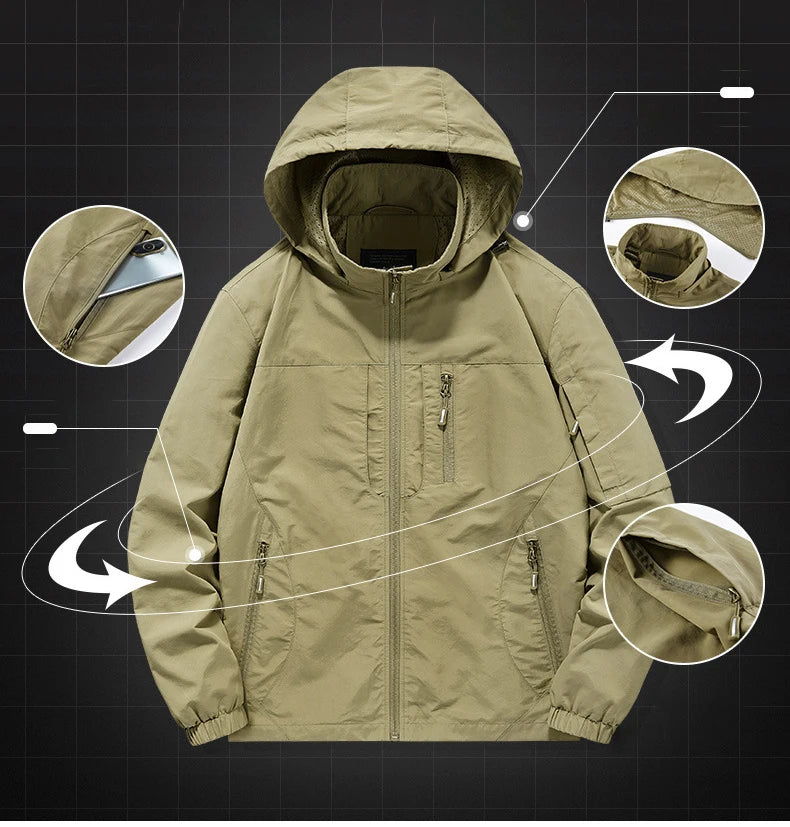 5XL Quality Men's Autumn Soft Shell Hiking Hooded Jackets Outdoor Waterproof Tactical 8 Pockets Windproof Work Safari Cargo Coat