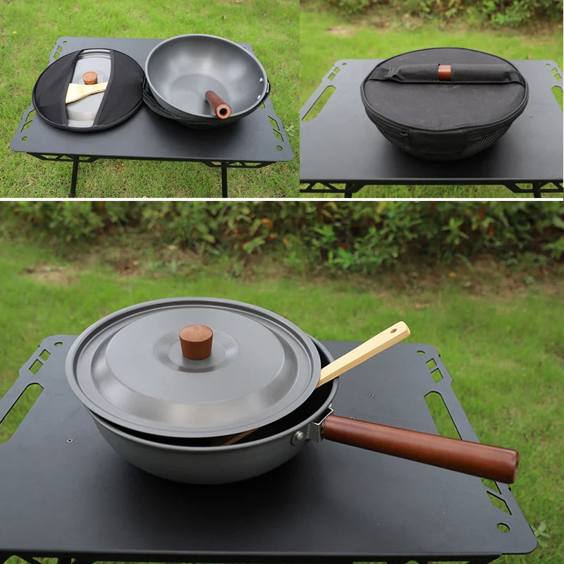 Aluminum Camping Wood Handle Wok Cookware, Outdoor Tableware, Picnic BBQ Cooking, Tourism, Kitchen Equipment, 3-4 Persons