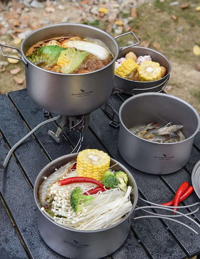 Boundless Voyage Titanium Camping Cookware Mess Kit Portable Camp Frying Pan and Pots Set with Steaming Grid for Outdoor Picnic