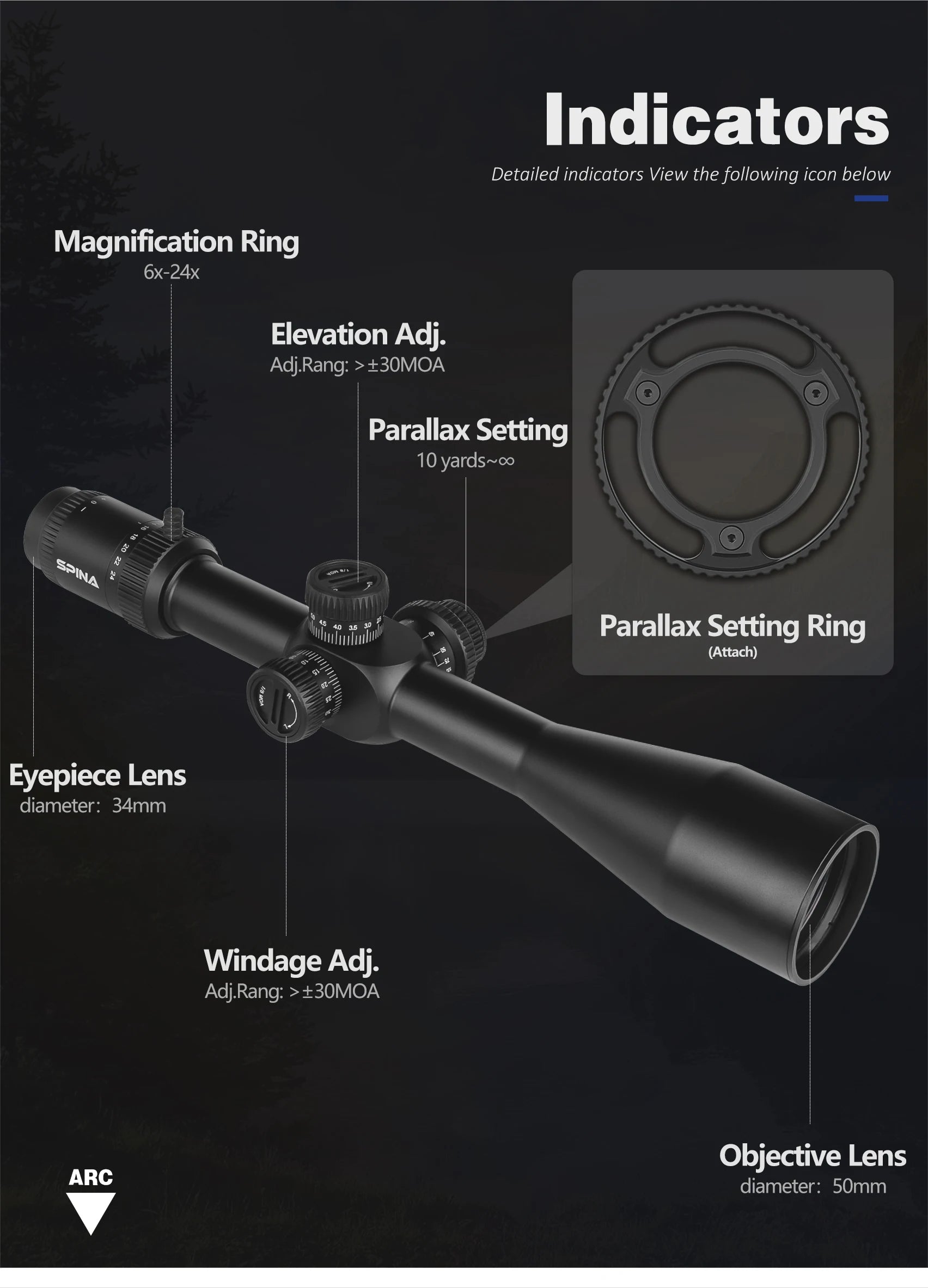 SPINA Optics 6-24x50 FFP/SFP Spotting Scope Rifle Hunting Illuminated Hunting Turrets Lock Reset Optical Sights Outdoor Hunting