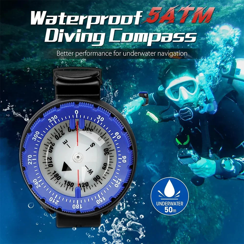 Underwater Navigation Compass 50m Professional Waterproof Scuba Luminous Dial Wrist Strap Compass For Diving Camping Swimming