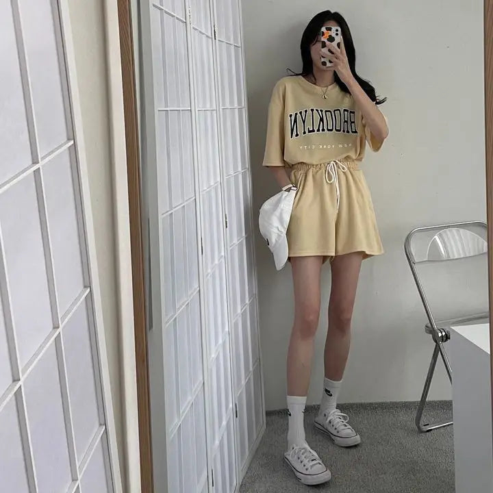 Korean Style Summer Female Sporty Outfit Running Gym Suit Women Clothing Two Piece Sets Short Sleeve T shirt Top Shorts Casual