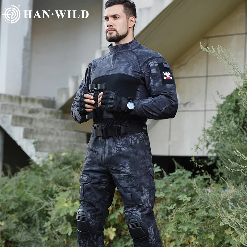 HAN WILD Tactical Combat Suit Long Sleeves Outdoor Sport Uniform Men Clothing Shirts Camo Hunting Fishing Pants Climbing Clothes