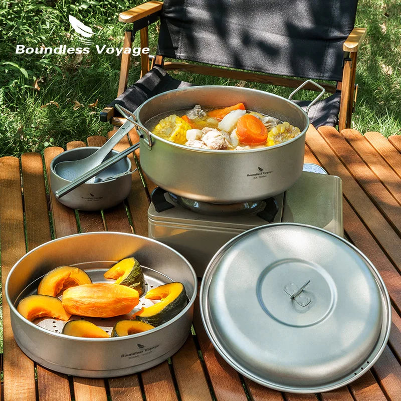 Boundless Voyage 2.2L Titanium Stock Pot & 2L Steamer Outdoor with Lid Soup Pot Kitchen Camping Cookware with Folding Handle