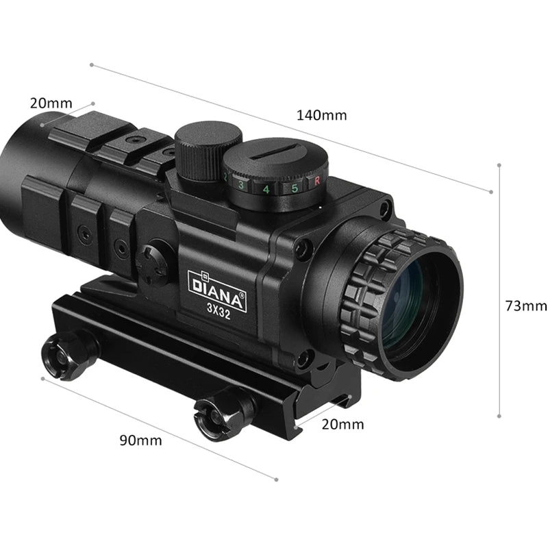 Diana 3X32 Red Dot Green Light Hunting Rifle Collimator Sight Tactical Optical Rifle Scope Spotting Scope for 20mm Rifle Hunting