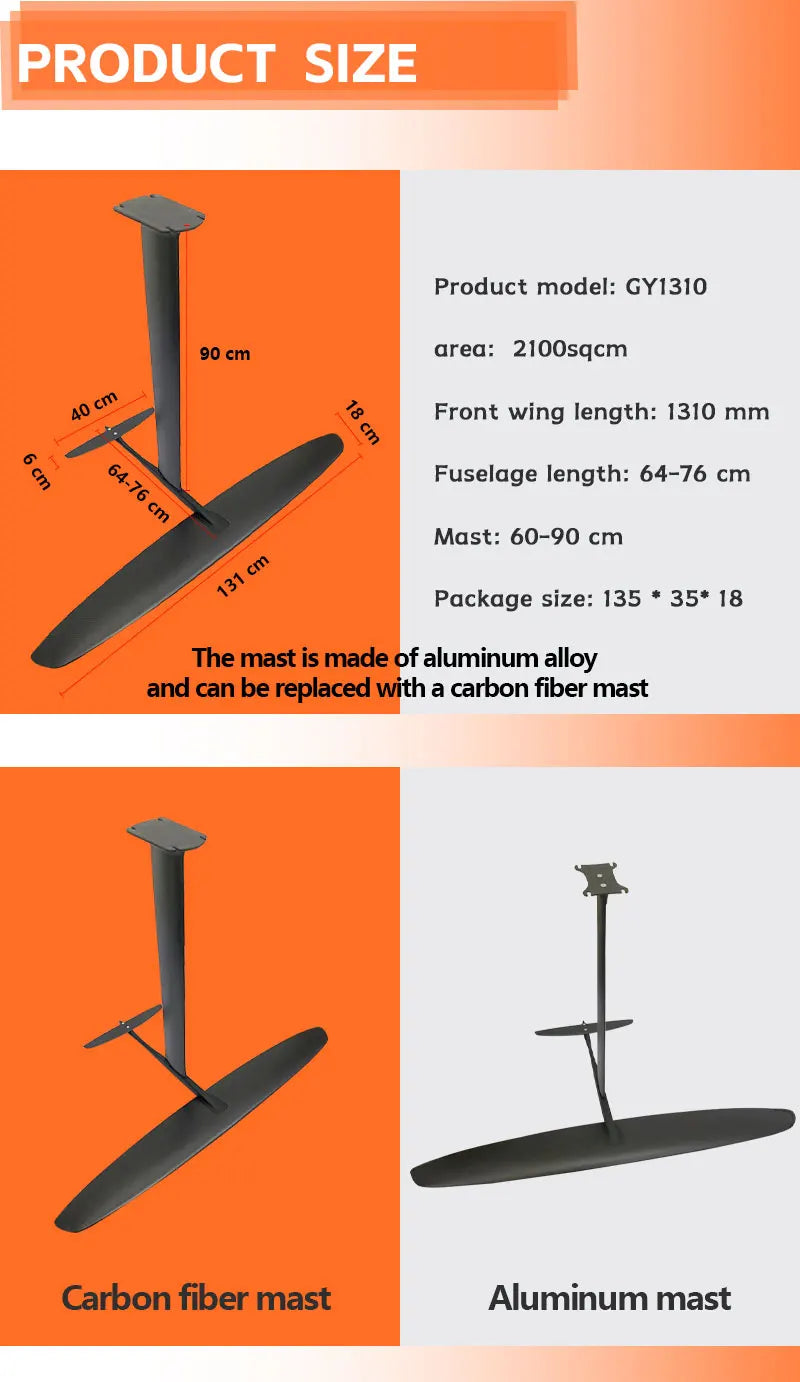 ports Surf Foil Kite Accessories 2、GY1310 2100 sq cm Carbon  Front Wing 90 cm Carbon Mast Beginner Outdoor Hydrofoil Water