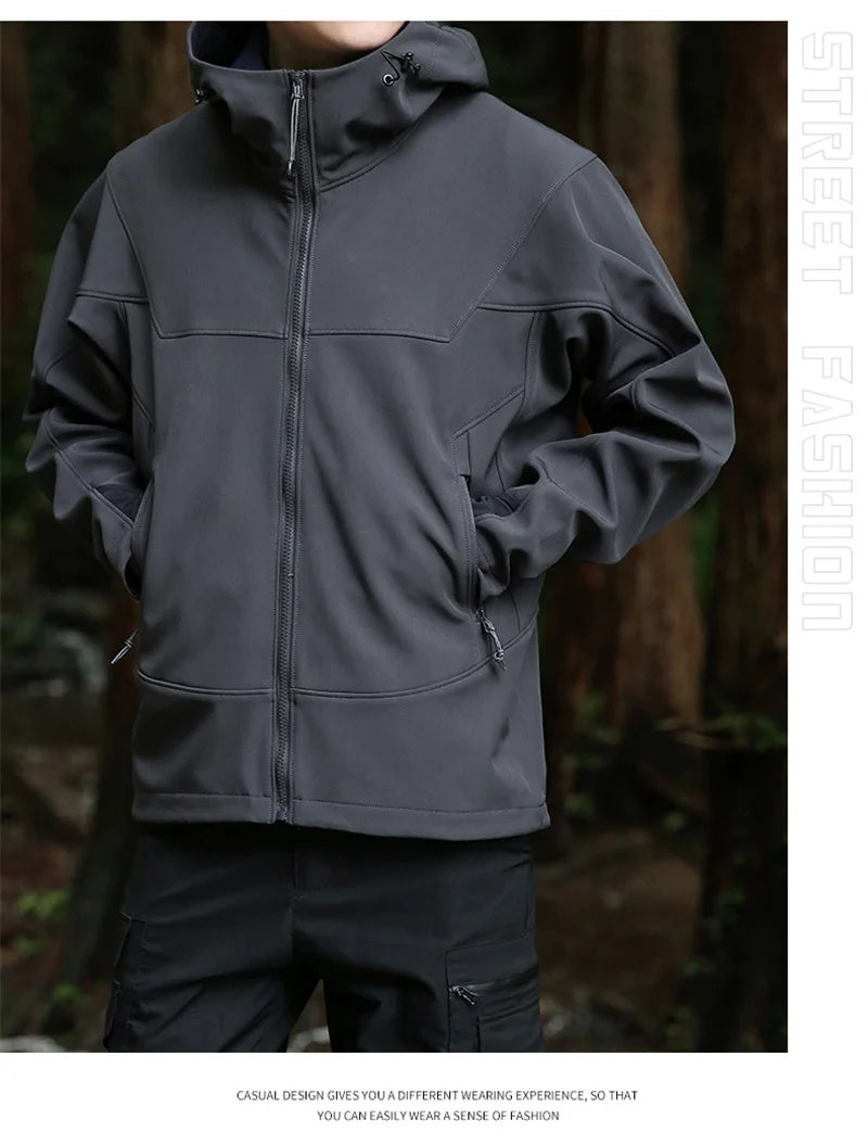 Top US Mens Autumn Hiking Soft Shell Jackets Outdoor Full Zip Hooded Fleece Lining Multi-pocket Windproof Warm Cargo Safari Coat