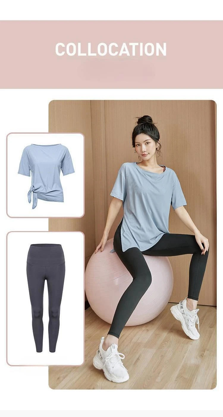 Gym Sports Tops Women's Yoga Clothing Running Loose Slim Quick Dry Training Short Sleeve Thin Tops Fitness Tops Fall Gym Split