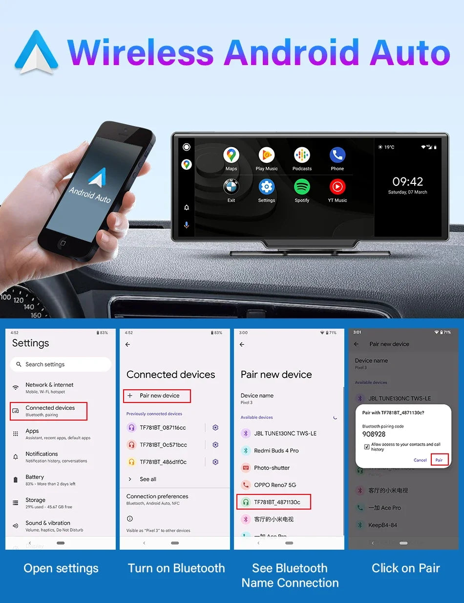 Srnubi 10'' Car Mirror Video Recording AI Voice  GPS Navigation Dashboard DVR Carplay Android Auto Wireless Connection