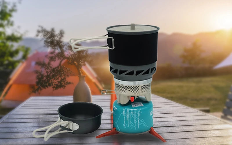 Camping Cooking System with Heat Exchanger Outdoor Gas Furnace Burner Tourism Integrated Boiler Set Cup Tableware and Cookware